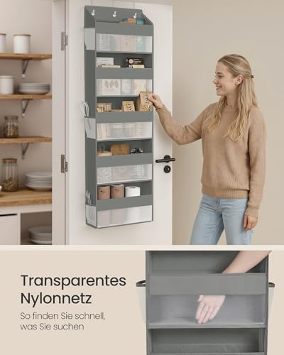 SONGMICS Tür-Organizer, 5 Fächer, Hängeregal faltbar, Hängeorganizer, Metallhaken, Hängeaufbewahrung, durchsichtig, Türregal, Seitentaschen, Taubengrau RDH010GD01