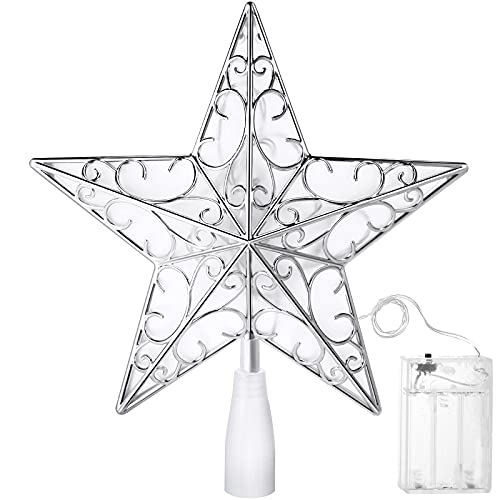 Nuanchu Christmas Star Tree Topper 10.4 x 9.4 Inch Glittered Christmas Star Tree Topper Ornament with 20 LED Lights Xmas Reflector Treetop Lighted Decorations(Silver White)
