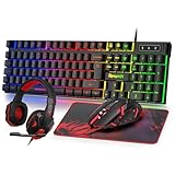 Rewurnth Gaming Keyboard and Mouse Set with Headset, UK Layout, RGB Backlit Wired Keyboard, Ergonomic 4-Color LED Gaming Mouse, Over-Ear Headphones, Large Mousepad, USB Plug & Play for PC Mac PS5 Xbox