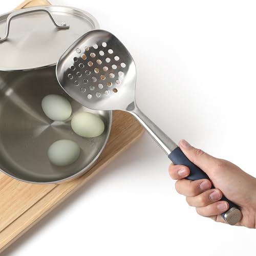 Image of Calphalon Edge 6-Piece Stainless Steel and Silicone Kitchen Tool Set, Kitchen Utensil Set, Scraper, Skimmer, Spoon, Ladle, Turner, Pasta Server, Heat Resistant Nonstick Safe Cooking Utensils (Navy)