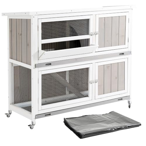 Image of PawHut 2-Tier Double Decker Rabbit/Guinea Pig Hutch with Wheel Grey