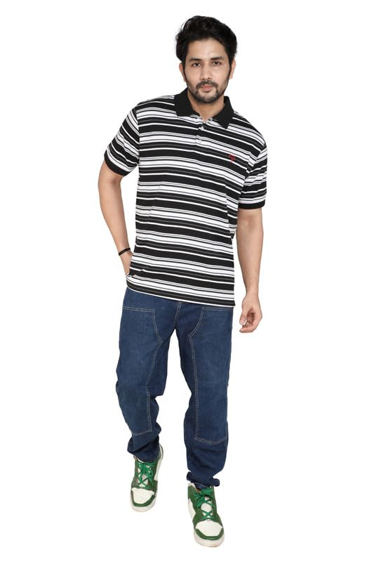 Image of Particle Men's Plus Size Big Size Cotton Polo Collar T-Shirt | Relaxed Fit Striped Half Sleeve | 100% Cotton 210 GSM | Smart Casual | Sizes 2XL-6XL | Breathable Summer Wear