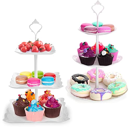 inherited behone 2 pièces Présentoir Plateau de Gâteaux Bonbons, Support à Cupcake, 3 Étages Plats de Service Cupcacks Fruits Support d'Aliments pour fête, Anniversaire, Mariage, noël