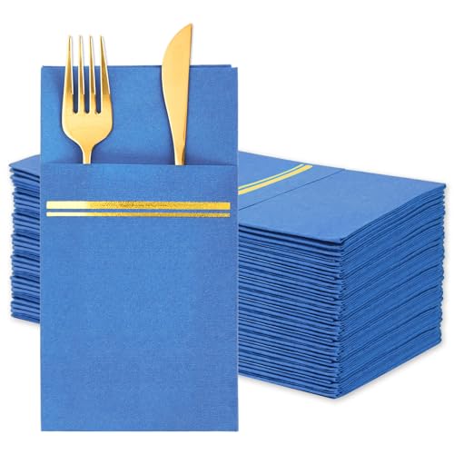 JarThenaAMCS 50Pcs Disposable Linen-Feel Dinner Napkins with Built-in Flatware Pockets Dusty Blue Gold Foil Napkin with Cutlery Pouch for Christmas Dining Party Table Service Decor