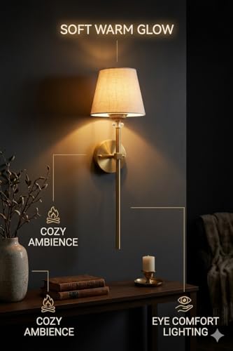 Image of Sinoman Wall Lights for Home Decoration | Classic Antique Brass Wall Sconce with Fabric Shade| Elegant Light Decorative Wall Fixture for Living Room & Bedroom | Vintage Metal Wall Light (Without Bulb)