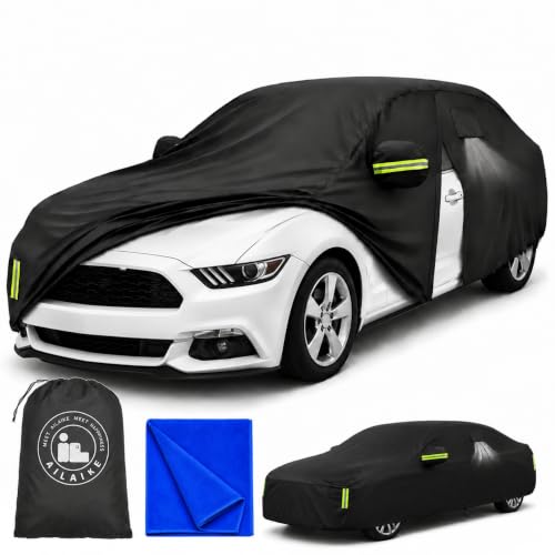 Image of Car Cover All Weather Custom Fit for Ford Mustang 2005-2025 Waterproof 10 Layers 210T Full Cover Universal Heavy Duty Sun UV Rain Hail Protection with Driver Door Zipper Breathable Vents.
