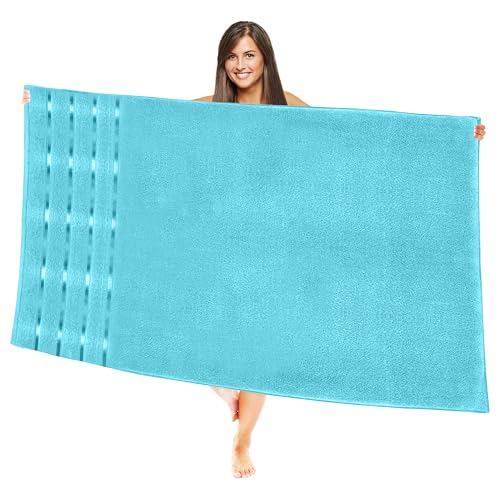 Image of Elegant Comfort 100% Turkish Cotton 4 Lines Viscose Stripe Jumbo Bath Towel - Hotel Spa Quality Extra Large 35 x 70 Inch Bath Towel Ultra Soft, Super Absorbent Quick Dry Large Bath Towel, Aqua