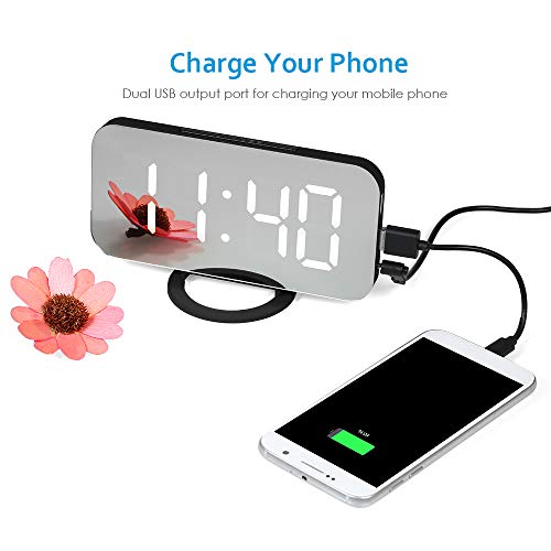 Cucudy Despertador digital LED com grande fonte branca na superfície do espelho Função Snooze Portas