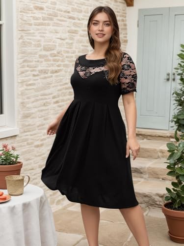 Plus Size Dresses for Curvy Women, See Through Lace Panel Semi-Formal Business Casual Work Dress A-Line Midi Dress4