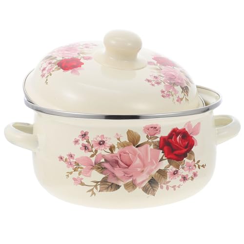 HOMSFOU Olla Esmaltada Vintage de 18 Cm Tapa y Dos Asas, Cacerola para Sopa Portátil y Resistente al Desgaste, Accesorio de Cocina Doméstica para Cocción Delicada en Hogar