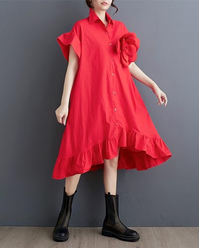 ellazhu Women's Dress Loose Irregular Ruffle Hem Flower Button Down V-Neck Short Sleeve Shirt GZ2102