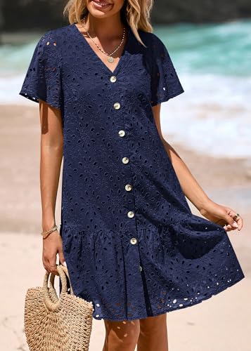 Image of KIRUNDO Eyelet Dresses for Women Button Down Mini Babydoll