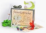 Schnitzeljagd Set: Die Schatztruhe enthält fast alles, was du für die Schnitzeljagd benötigst. Du brauchst nur noch eine Schere und kleine Preise und Mitgebsel.