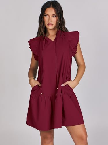 ANRABESS Womens Summer V-Neck Drawstring Ruffle Cap Short Sleeve Casual Shift Mini Dress with Pockets4