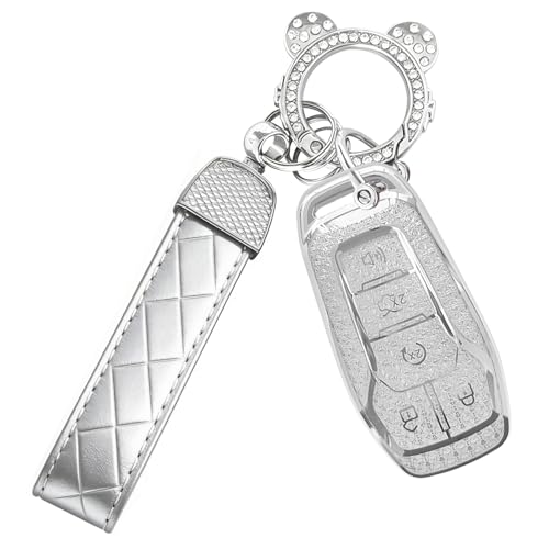 Avalessia for Ford Key Fob Cover with Keychain,Soft TPU Protector Bling Car Keys Case Shell Compatible with Ford Fusion Mustang F150 Edge Explorer Lincoln MKZ MKC MKX Smart Remote Key(Silver Clear)