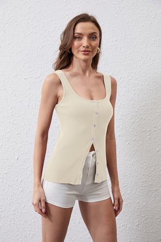 Image of Women Square Neck Button Down Knit Tank Top Button-Up U Neck Sleeveless Backless Solid Slim Sexy Sweater Vest Tops