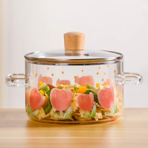 Image of Nestasia Borosilicate Glass Cooking Pot on Gas Stove (1800 ml) - Tulip Printed Casserole with Air Vent Glass Lid | Microwave & Dishwasher Safe Durable Vessel for Kitchen