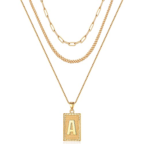Gold Layered Initial Necklaces for Women, 14K Gold Plated Layering Paperclip Chain Cuban Chain Choker Necklace Box Chain Square Capital Letter Pendant A Initial Layered Necklaces for Women Jewelry