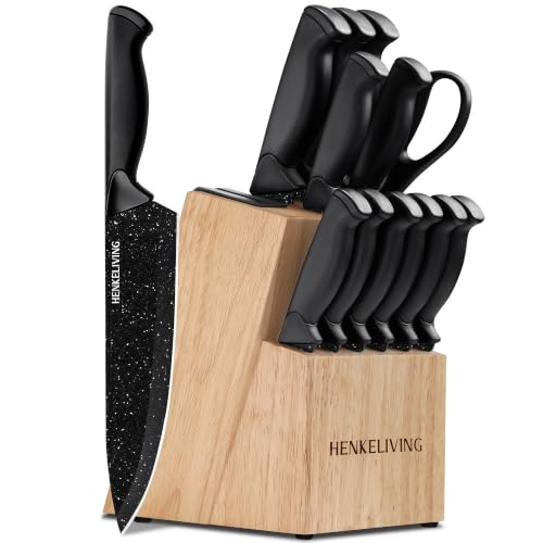 HENKELIVING 14-Piece Starry Black Knife Block Set with Built-In Sharpener