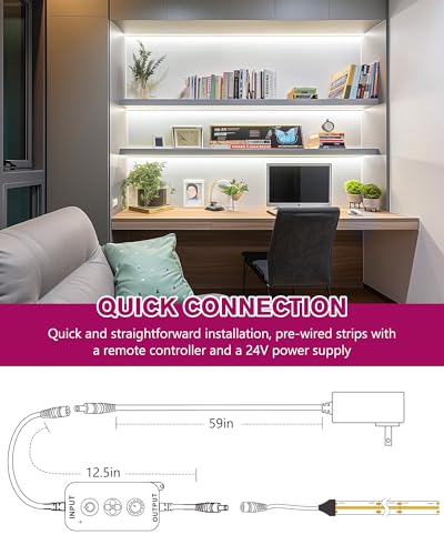 Image of EMITEVER Cool White COB Strip Light Kit 5000K,16.4ft 2400LEDs,24V Dimmable | CRI 90+,305+LM /ft,ETL 48W power supply & remote included,UL listed Strip for living room,kitchen,under cabinet & shelving