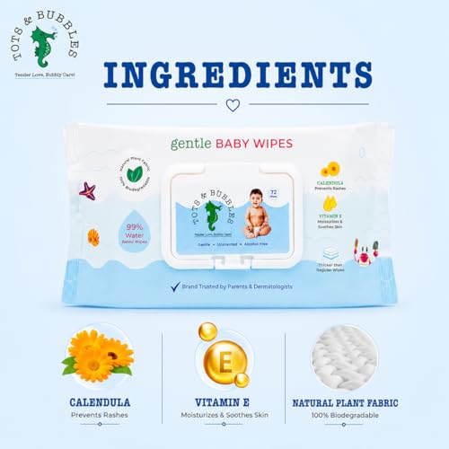 Image of Tots & Bubbles 99% Pure Water Baby Wipes | Plant Based, Unscented Newborn Wet Wipes, Thick & Gentle for Sensitive Skin - 72 Count with Lid (Pack of 1)