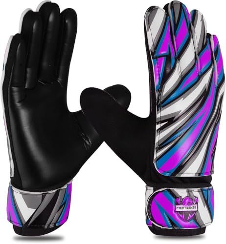 FIGHTSENSE Soccer Goalie Gloves for Kids Youth Boys,Football Goalkeeper Gloves,5mm Latex Palm,Breathable,Anti-Slip Strong Grip,Double Wrist Protection (Purple, Size 6 Suitable for 13-15 Years)