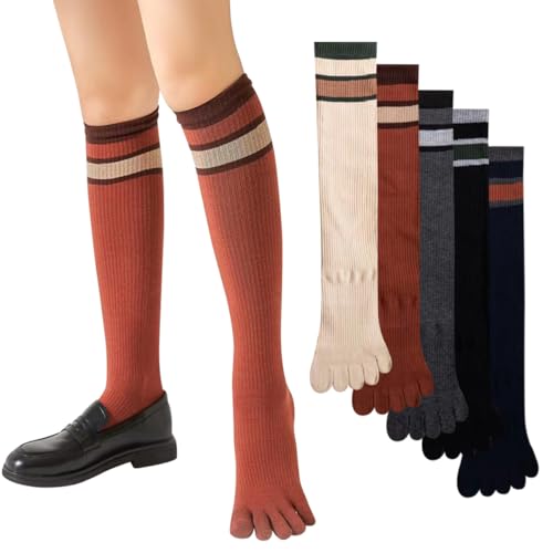 AOOPOO 5 Paia Calze da Donna con Dita Separate Calzini Sportivi in Cotone, Morbido Caldo Calzettoni Gambaletto al Ginocchio Lunghe al Ginocchio da Donna alta a Righe Calze Sportive, EU 35-40