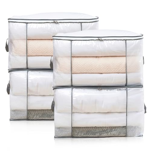 80L Clothes Storage Bags, 4 Pack Large Clear Capacity Clothes Organizer with Zips, Moisture proof, Plastic Packing Boxes for Moving House with Durable Handles for Clothing, Duvet, Bedding (Grey)