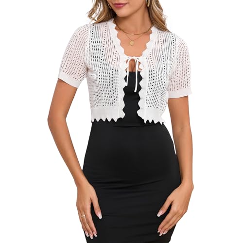 Image of Durio Womens Cardigan Short Sleeve Tie Front Tops Lightweight Shrugs Cropped Crochet Sweater Summer Cardigans for Women 2025