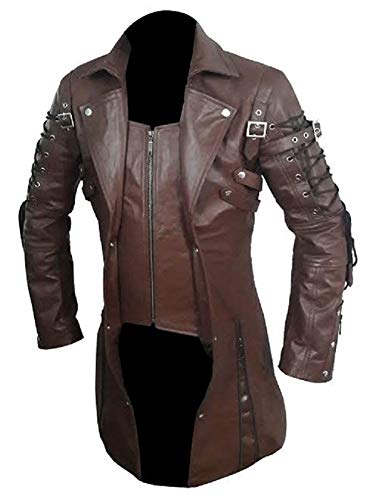 AREENO Men's Sexy Brown Real Leather Gothic Steampunk Matrix Trench Coat