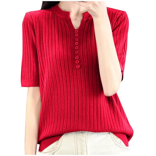 Womens Short Sleeve Sweaters Button V Neck Sweater T Shirts Business Casual Work Tops 2025 Summer Outfits