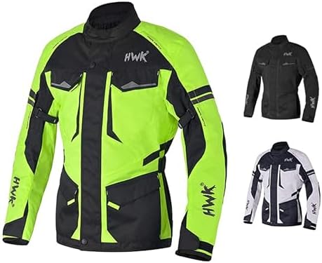 HWK Adventure Touring Motorcycle Jacket for Men, Water Resistant Cordura Textile Biker Jacket for Men, Durable and Stylish Moto Gear with CE Armor for Enduro Motorbike Riding - Hi-Vis Green, XL