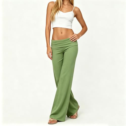 Image of Lounge Yoga Pants for Women Fold Over Low Waist Wide Leg Bell Bottoms