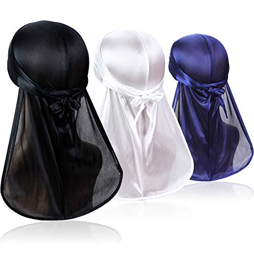 3 Pieces Soft Durag Headwraps with Extra Long Tail and Wide Straps for 360 Men Waves