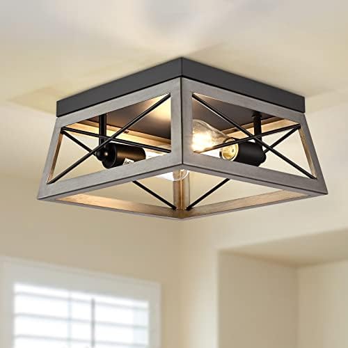 DEWENWILS Industrial Flush Mount Ceiling Light, Metal Ceiling Light Fixture, Hallway Light Fixture Ceiling for Entryway, Foyer, Dining Room, 2-Lights, Silver Grey