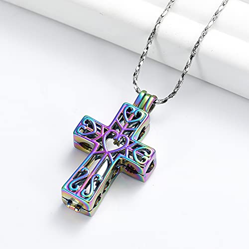 QGJNSGC Cremation Urn Memorial Pendant Necklace Heart Cross Cylindrical with Hollow Jewelry Ashes Keepsake Memorial Urn Jewelry Necklace (Rainbow) - Image 3