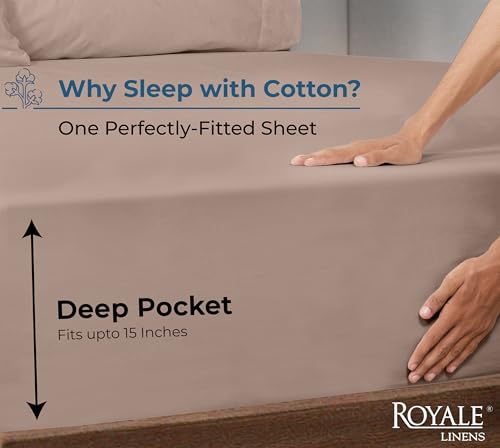 Image of Royale Linens 100% Organic Cotton Fitted Sheet - Percale Weave - Super Soft Deep Pocket Bottom Sheets - Mocha Elastic Sheet Twin Size - Twin Fitted Sheets Only - (39 inchx80 inch+15 inch, Mocha)
