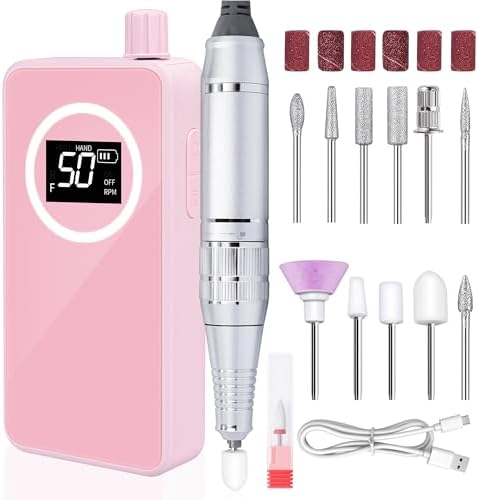 Nail Drill, Portable Electric Nail File 50000RPM, Rechargeable Nail Drill Professional with Bits for Acrylic Gel Nails, E-File Machine Manicure Polishing for Salon Home,Pink