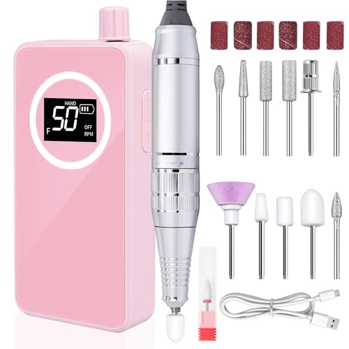 Image of Nail Drill, Portable Electric Nail File 50000RPM, Rechargeable Nail Drill Professional with Bits for Acrylic Gel Nails, E-File Machine Manicure Polishing for Salon Home,Pink