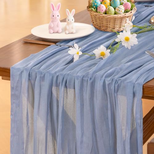 Image of Socomi Dusty Blue Summer Cheesecloth Table Runner Boho Rustic Gauze 120 inch 10FT Cheese Cloth Sheer Runner for Wedding Party Baby Shower Birthday Home Decor Holiday Decorations