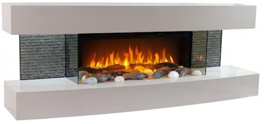 CHEMIN'ARTE Camino elettrico Lounge effetto fiamma LED - da parete - Bianco - 120cm - Telecomando, Caminetto con Timer e Controllo Automatico di Temperatura
