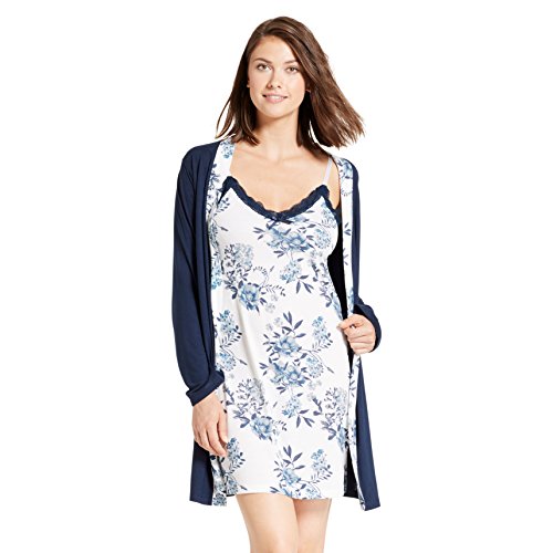 kathy ireland Womens Floral Print Long Sleeve Belted Robe Nightgown Pajama Set Outer Space Medium - Thumbnail 2
