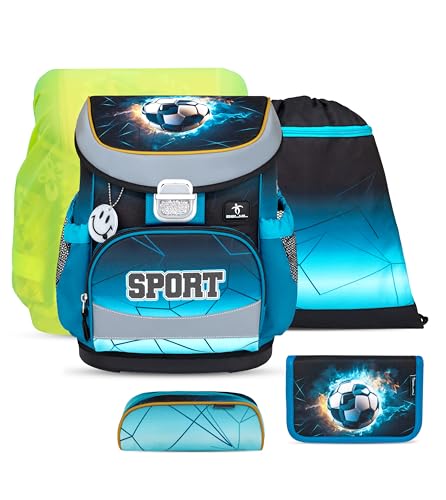 Belmil ergonomischer Schulranzen Set 5-teilig mit Regenschutz 1, 2 Klasse Grundschule/Super Leicht 800-860 g/Brustgurt 405-33/AG/S/R (Fire Football)