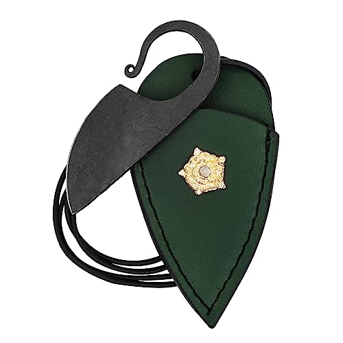 Mythrojan Viking Pocket Cutter for Medieval Events, Renaissance, Cosplay, Medieval Celtic Pocket Mini Cutter with Green Leather Scabbard for Costume Props, Camping & Outdoor Adventures