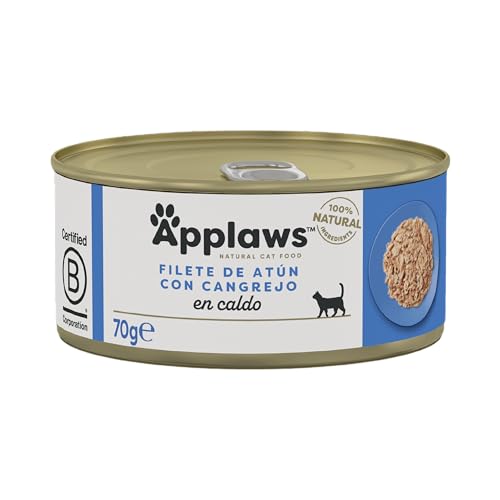 Applaws 100% Natural Filete de Atún con Cangrejo Comida Húmeda para Gatos Adultos en Caldo - Paquete de 24 latas de 70g