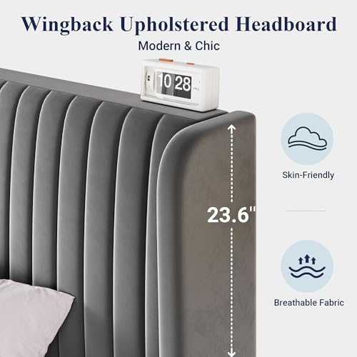 Image of Allewie Queen Size Velvet Bed Frame /Vertical Channel Tufted Wingback Headboard /Upholstered Platform Bed /Strong Wooden Slats /No Box Spring Needed /Easy Assembly /Grey