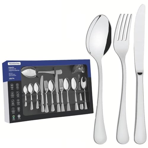 Faqueiro Tramontina Zurique em Aço Inox com Facas de Mesa Acabamento Alto Brilho 101 Peças