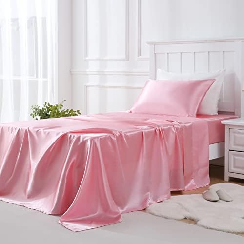 GOLAL Satin Sheets Twin XL Size - 3 Pieces Luxury Silky Soft Bed Sheets, Wrinkle-Free Pink Satin Silk Sheet Set with 1 Deep Pocket Fitted Sheet, 1 Flat Sheet, 1 Pillow case