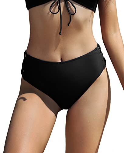 SHEKINI Damen Badeanzug Schwarze Bauchweg High Waist Badeshorts Cutout Abdominal Kontrolle Bikinihose Volltonfarbe Basic Badehose Bikini Höschen (Schwarz F, XL) Cover