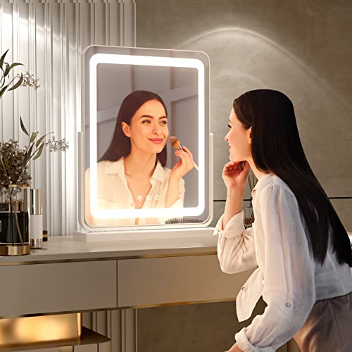 Primetek Makeup Vanity Mirror With Lights - Large Lighted Mirror For Desk, Bedroom, Dressing Room Tabletop, Light Up Mirror With Dimmable 3-Color Led, Magnification, Memory Function, White, 18"Lx22"H #TOP4